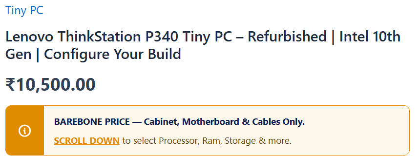Barebone price notice on product page